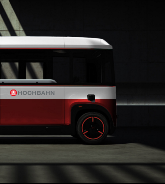 Back part of the mover in a red and white design with their partner Hamburger Hochbahn