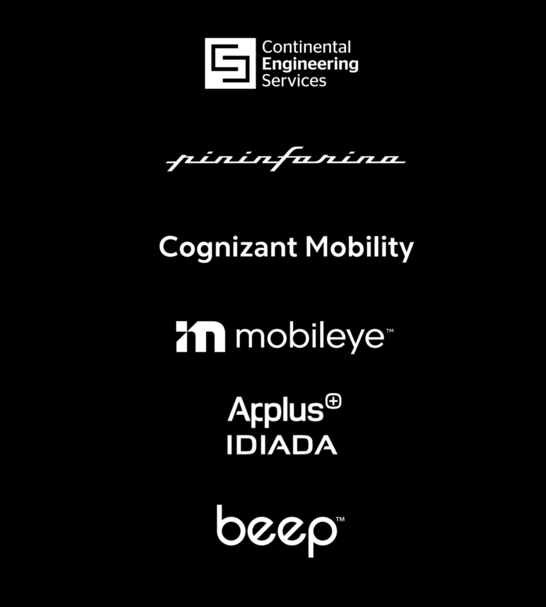 Auflistung der Partner continental engineering services, pininfarina, cognizant mobility, mobileye, applus idiada und beep mit weißer Schriftfarbe auf schwarzem Hintergrund