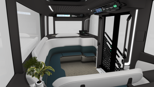 view of the interior of the mover from the back top position. Entry, seating and storage space