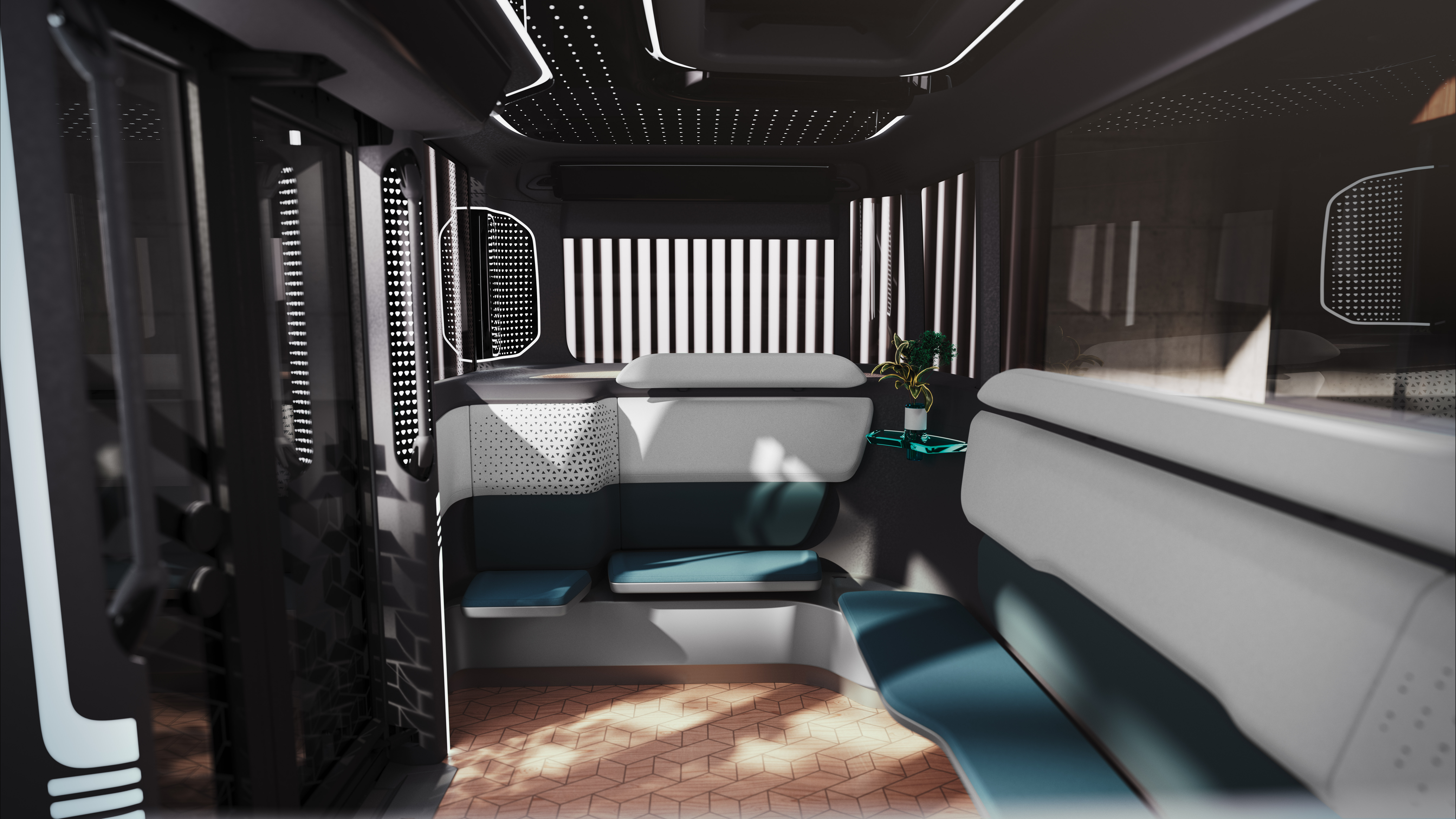 the interior of the mover with two green and white benches and a glass shelf with flowers on it